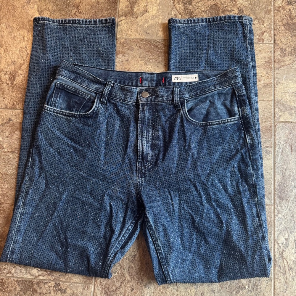 Rhinestone Sparkle Women Size 10 Zara Blue Denim Straight Leg Studded Jeans 2553